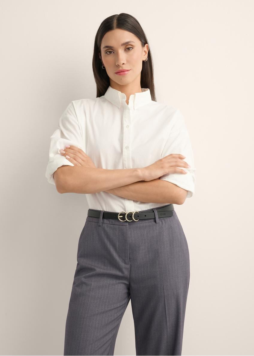 Cream oversize women's shirt KOSDT-0193-0C(Z26), product view from the front on the model, half of the silhouette visible.