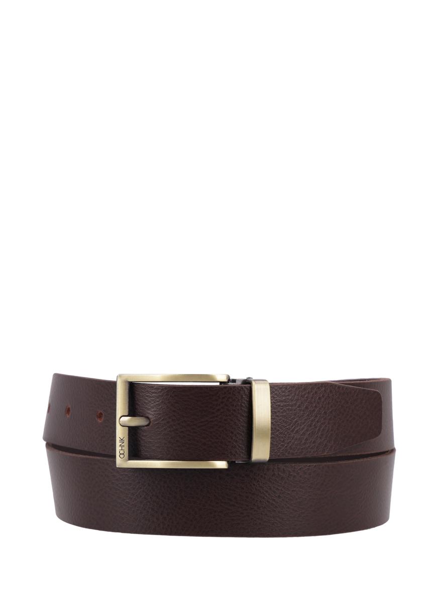 Men's dark brown leather belt PASMS-0289-1I(Z26), front product view on white background.
