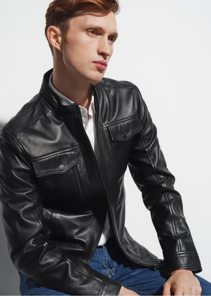 Men's leather jacket with stand-up collar KURMS-0306-1283(W23)