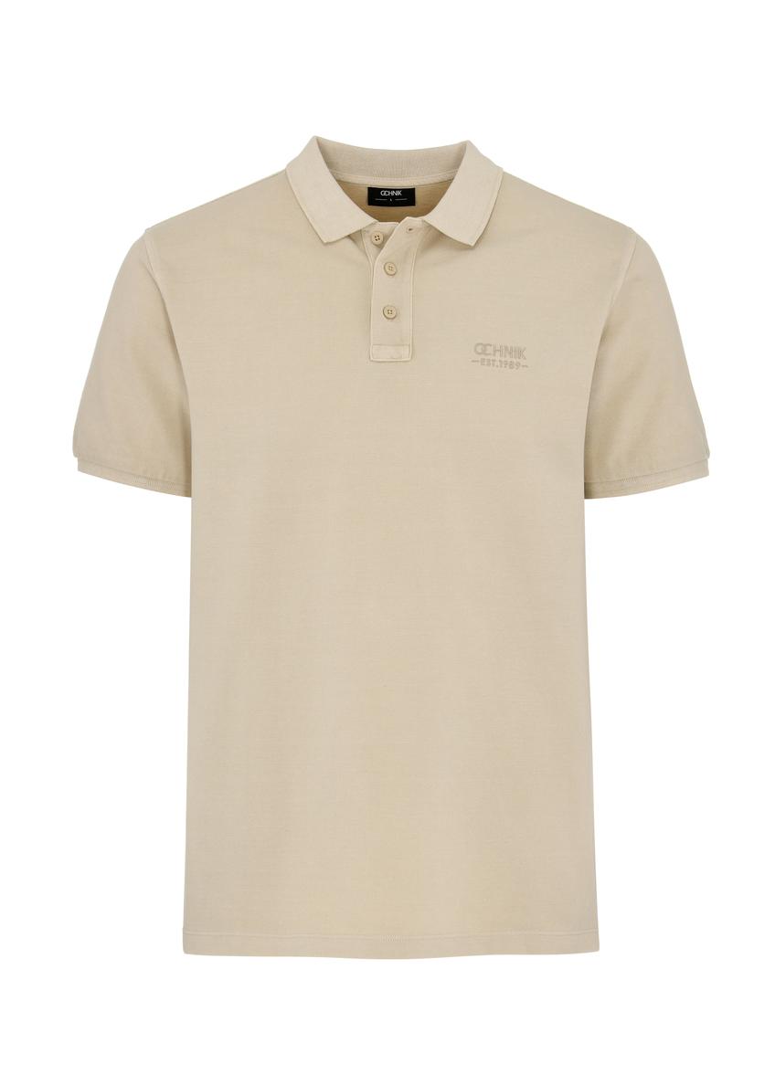 Beige men's polo shirt with logo OCHNIK POLMT-0067-91(W24)-03
