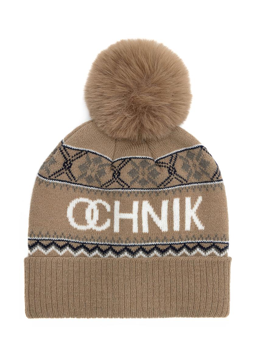 Beige men's hat with pompom CZADT-0083-81(Z 25) - front view of the product on a white background.