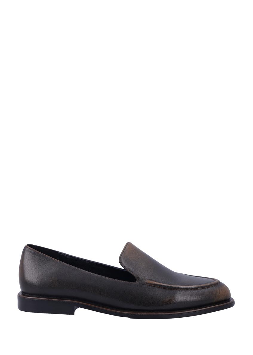 Dark brown women's leather moccasins BUTYD-1330-1I(Z26), side product view on white background.