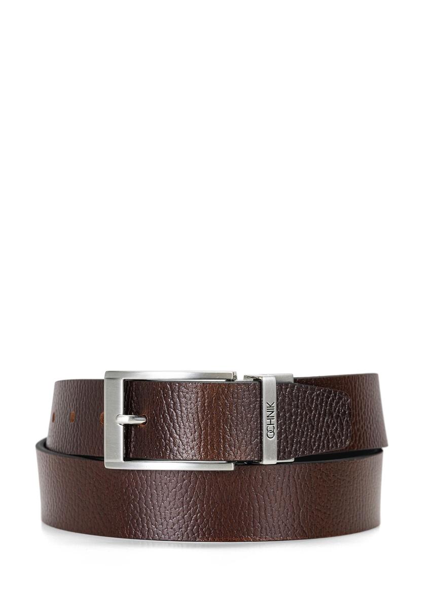 Men's brown leather belt PASMS-0167-9J(W26), front product view on white background.