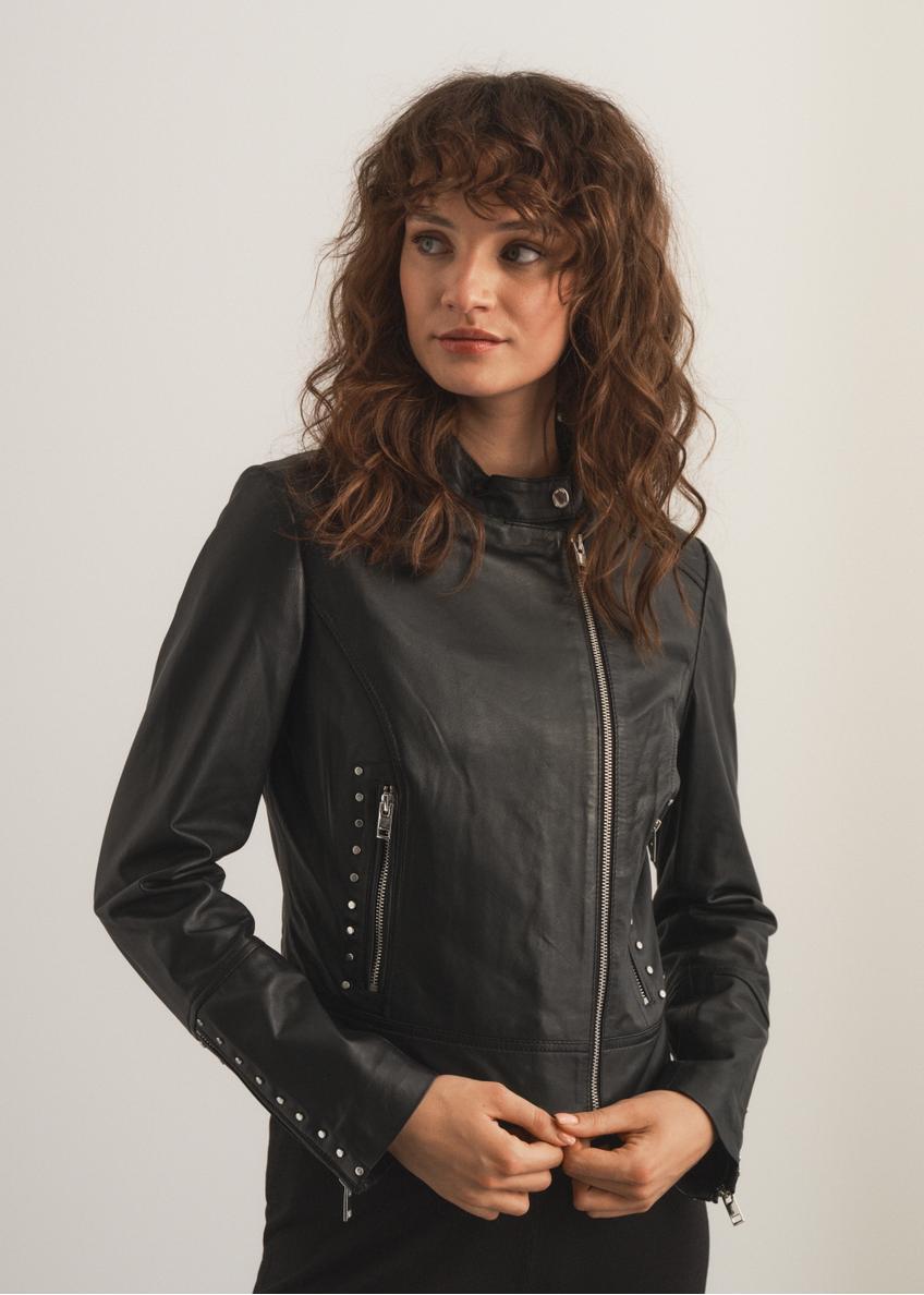 Women's leather jacket with decorative rivets KURDS-0416-1276(W23)-01