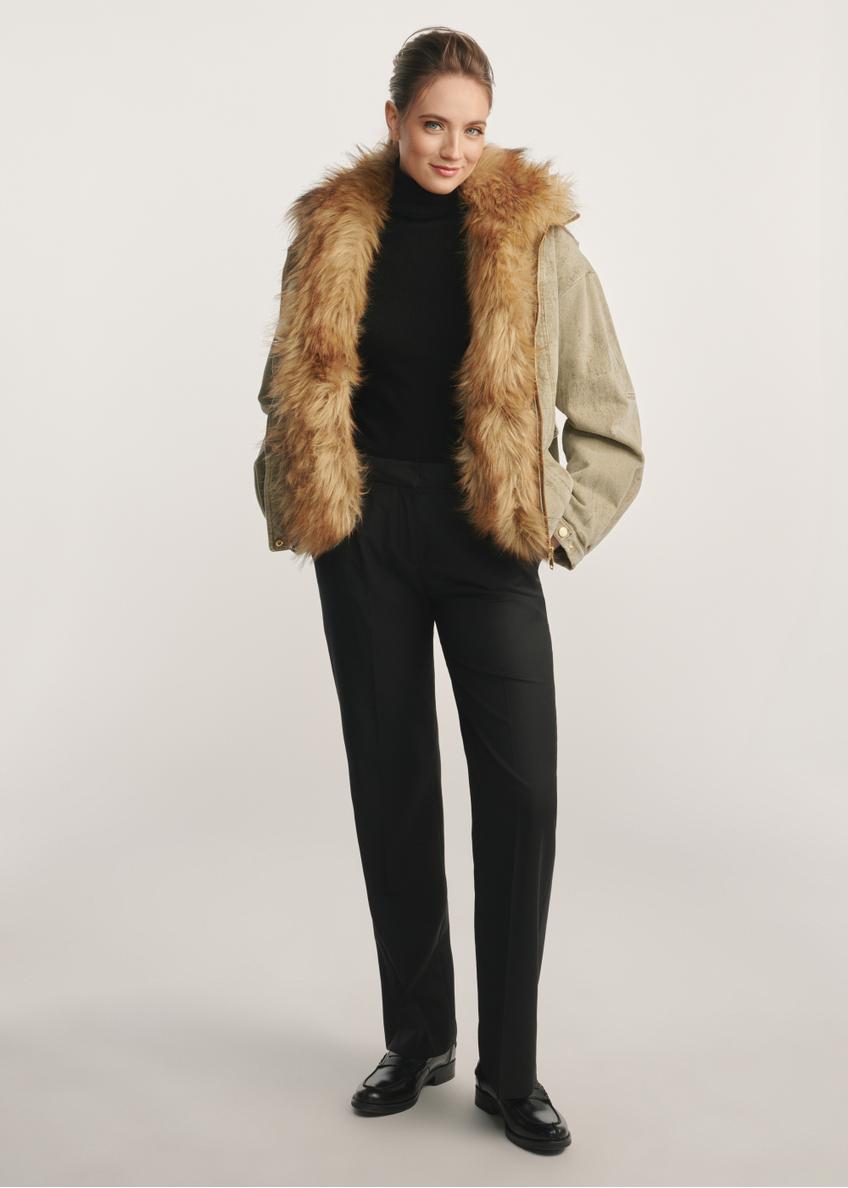 Women's olive green fur jacket KURDT-0611-57(Z25) - front product view on white background. Full body visible.
