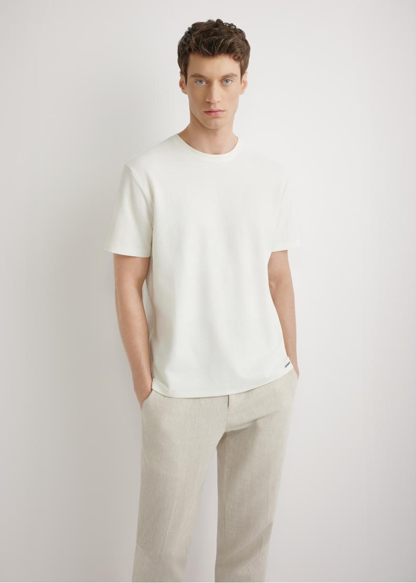 Cream men's ribbed t-shirt TSHMT-0142-0B(W26) - front view of the product, on a model, against a light background. Half-length silhouette visible.