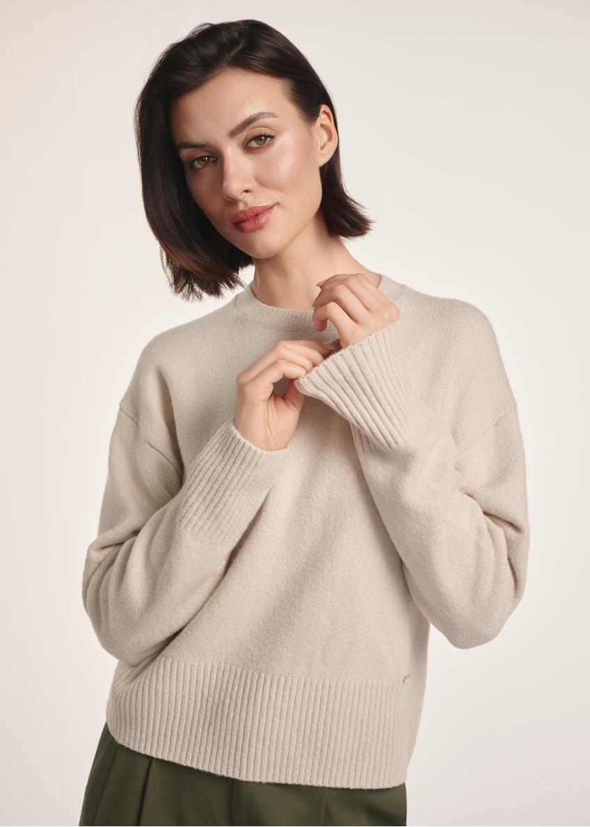 Beige women's sweater SWEDT-0242-80(Z25), front view of the product on the model. Half of the silhouette visible.