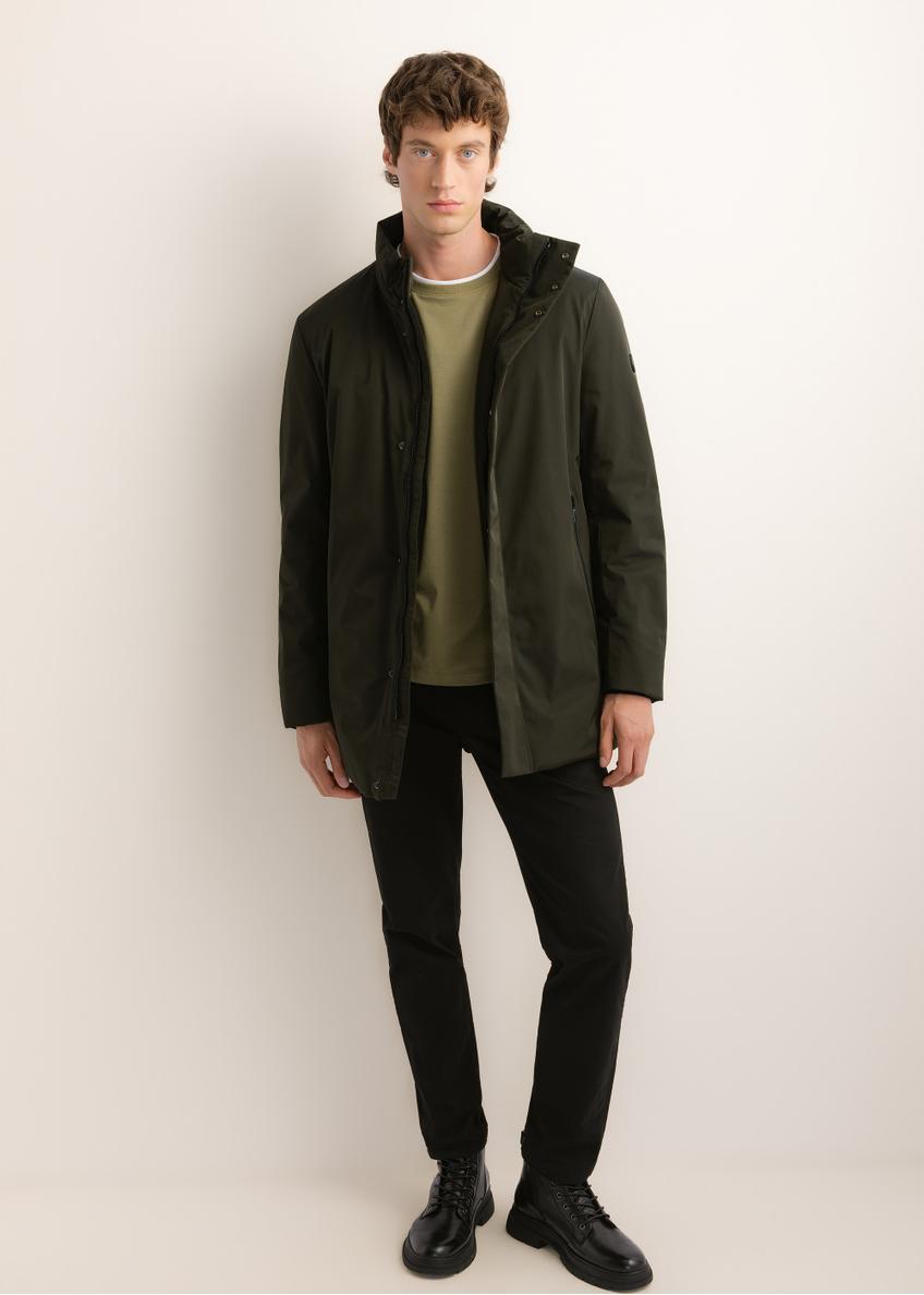 Green men's long winter jacket KURMT-0432-8B(Z26), front product view on model. Full body visible.