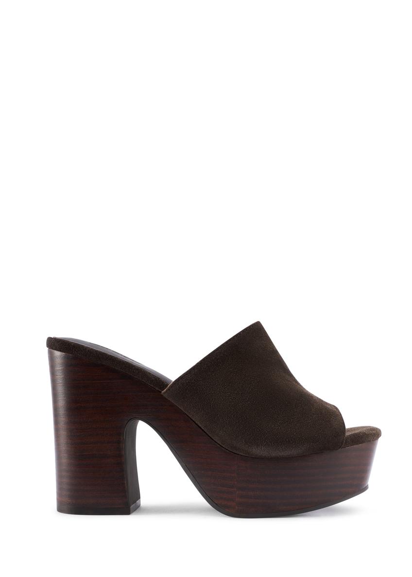 Dark brown leather women's mules on a block heel BUTYD-1275-1I(W26), side view of the product on a white background.