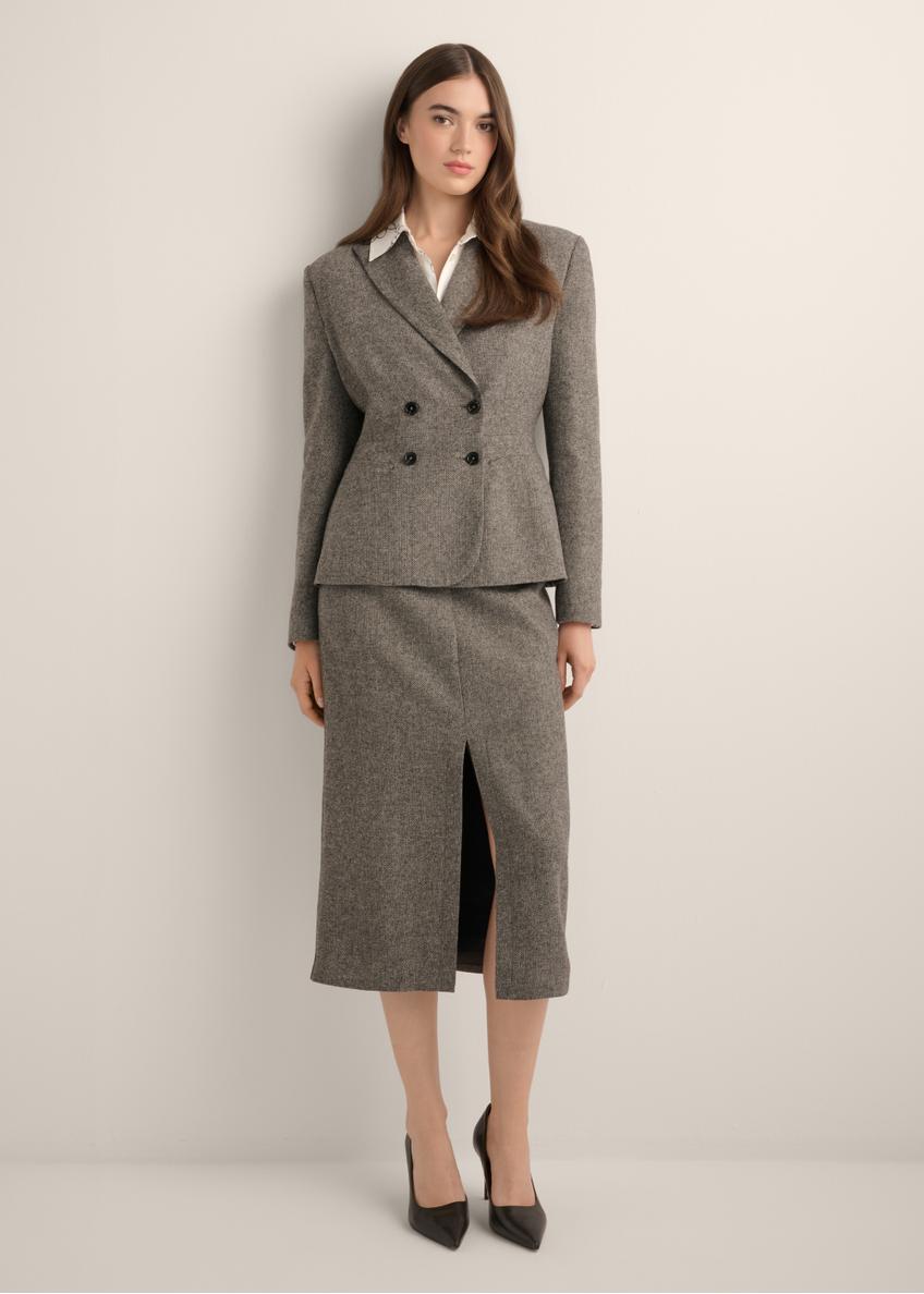 Gray wool midi skirt SPCDT-0133-9D(Z26), product view from the front on the model, the whole silhouette is visible.