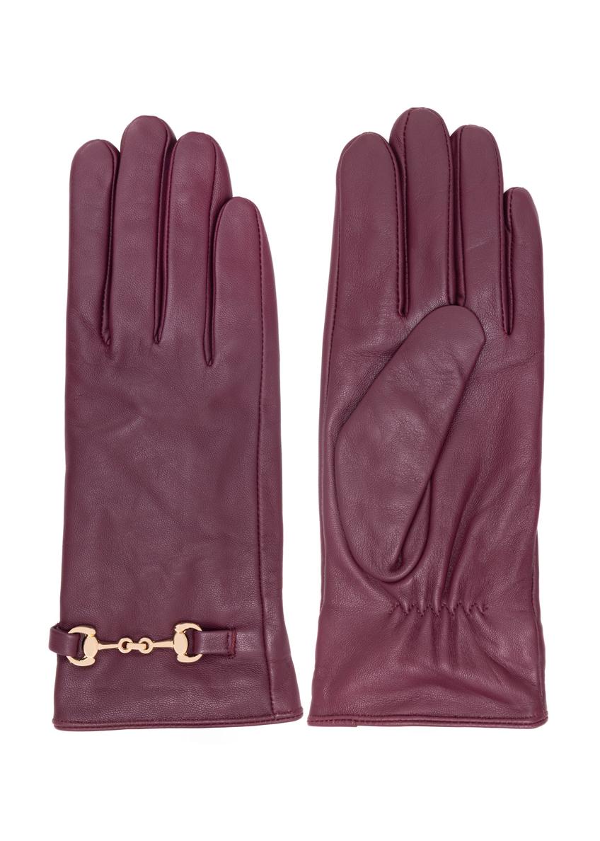 Burgundy women's leather gloves with buckle REKDS-0087-49(Z25)