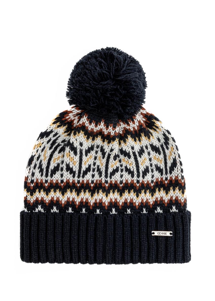 Men's winter hat with Norwegian pattern CZAMT-0068-69(Z25), product view from the front on a white background.