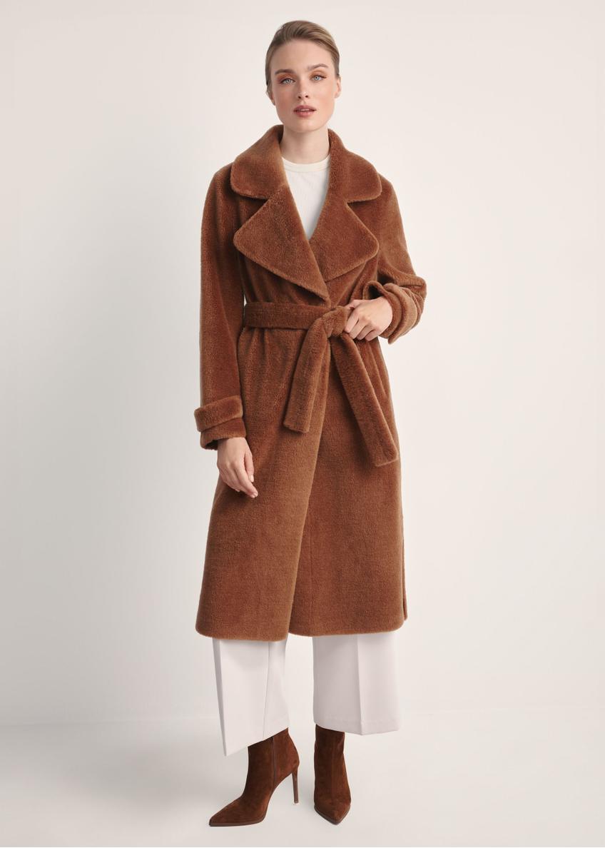 Long woolen fur coat in camel color FUTDW-0019A-1D(Z26) - front view of the product on a model on a white background. The entire silhouette is visible.