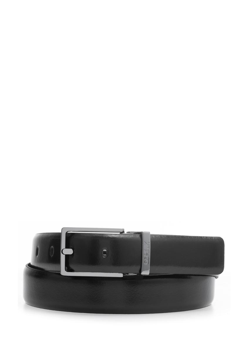 Men's black leather belt PASMS-0263-99(W25), front product view on white background.