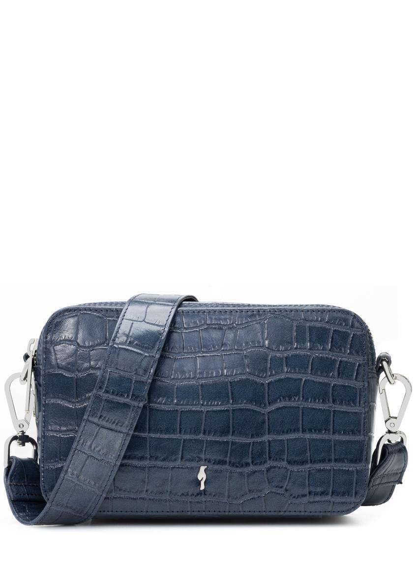 Small navy blue leather croco handbag TORES-1231-7D(W26), front product view on white background.