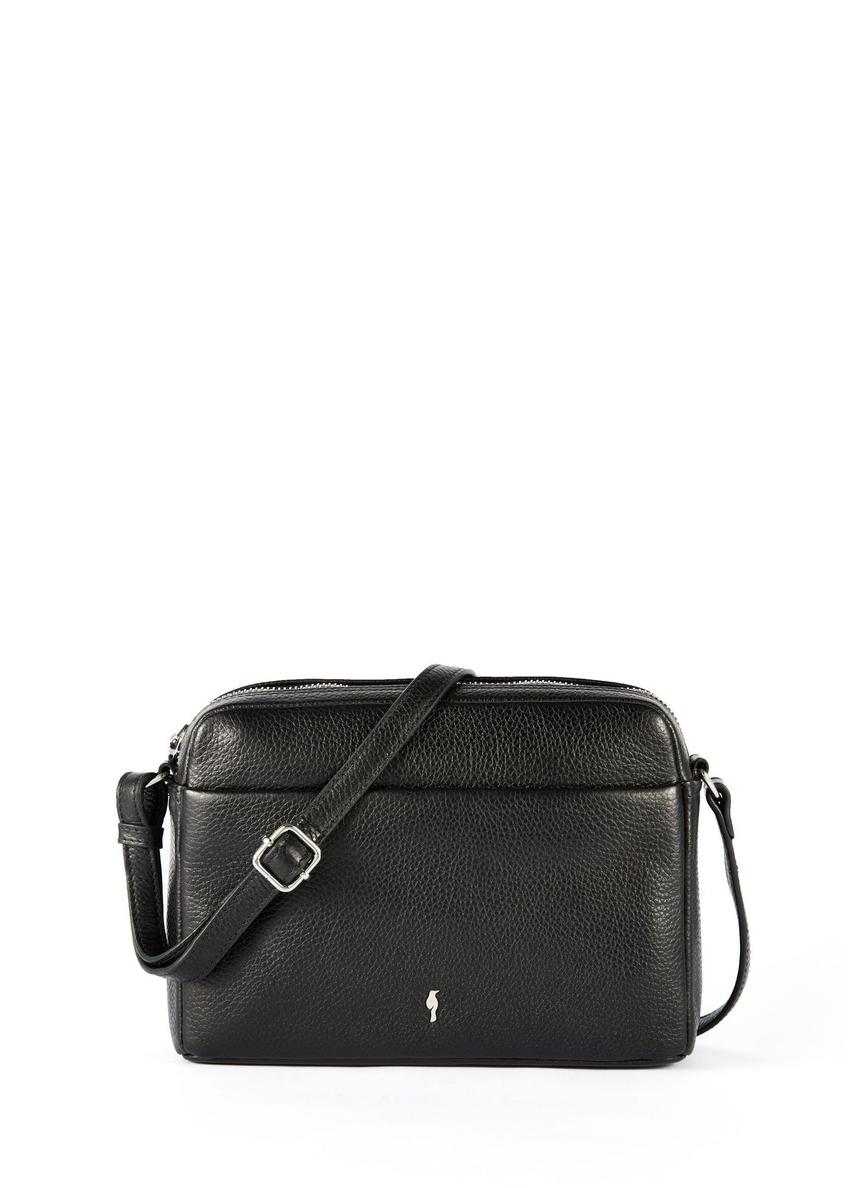 Black leather women's messenger bag TORES-1102A-99(Z25), front product view on white background.