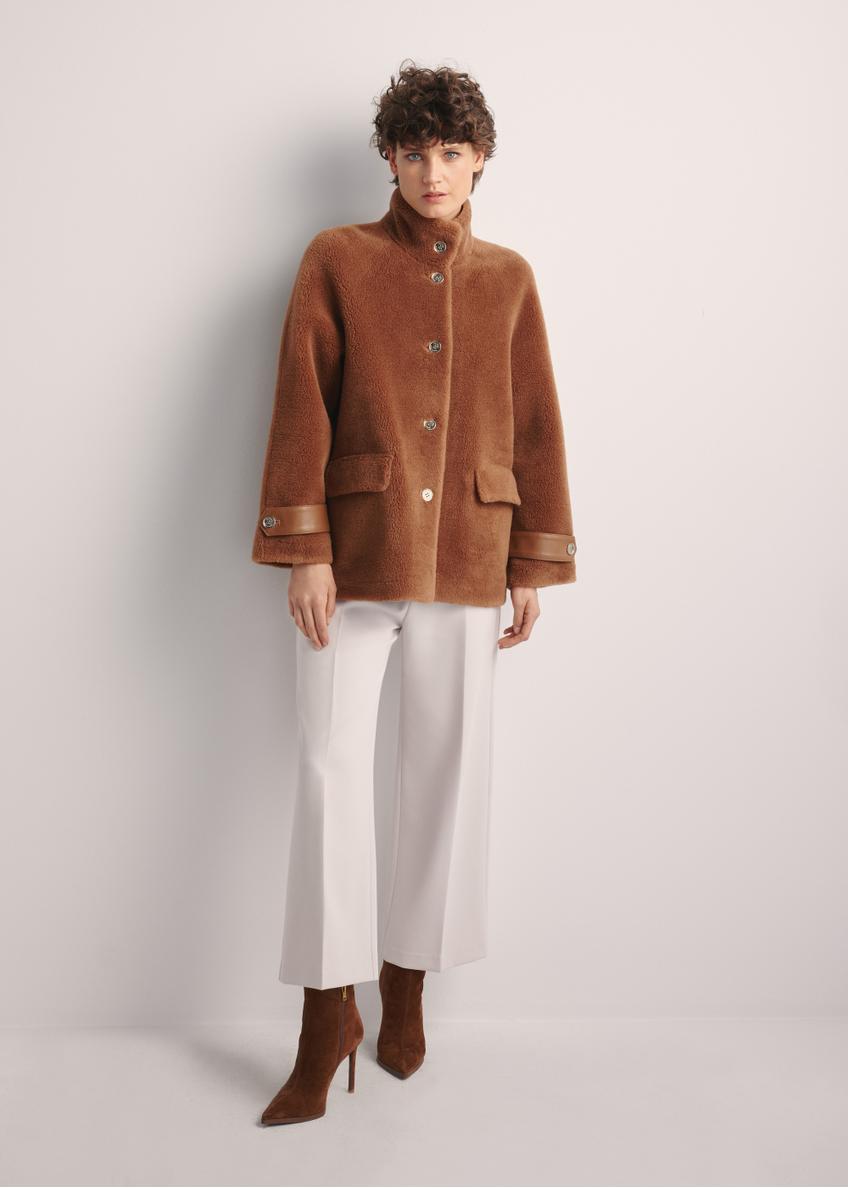 Women's woolen fur coat in camel color FUTDW-0032-24(Z25) - front view of the product on a model on a white background. The entire silhouette is visible.