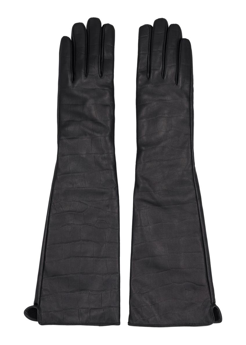 Long leather black croco women's gloves REKDS-0088-9G(Z26)