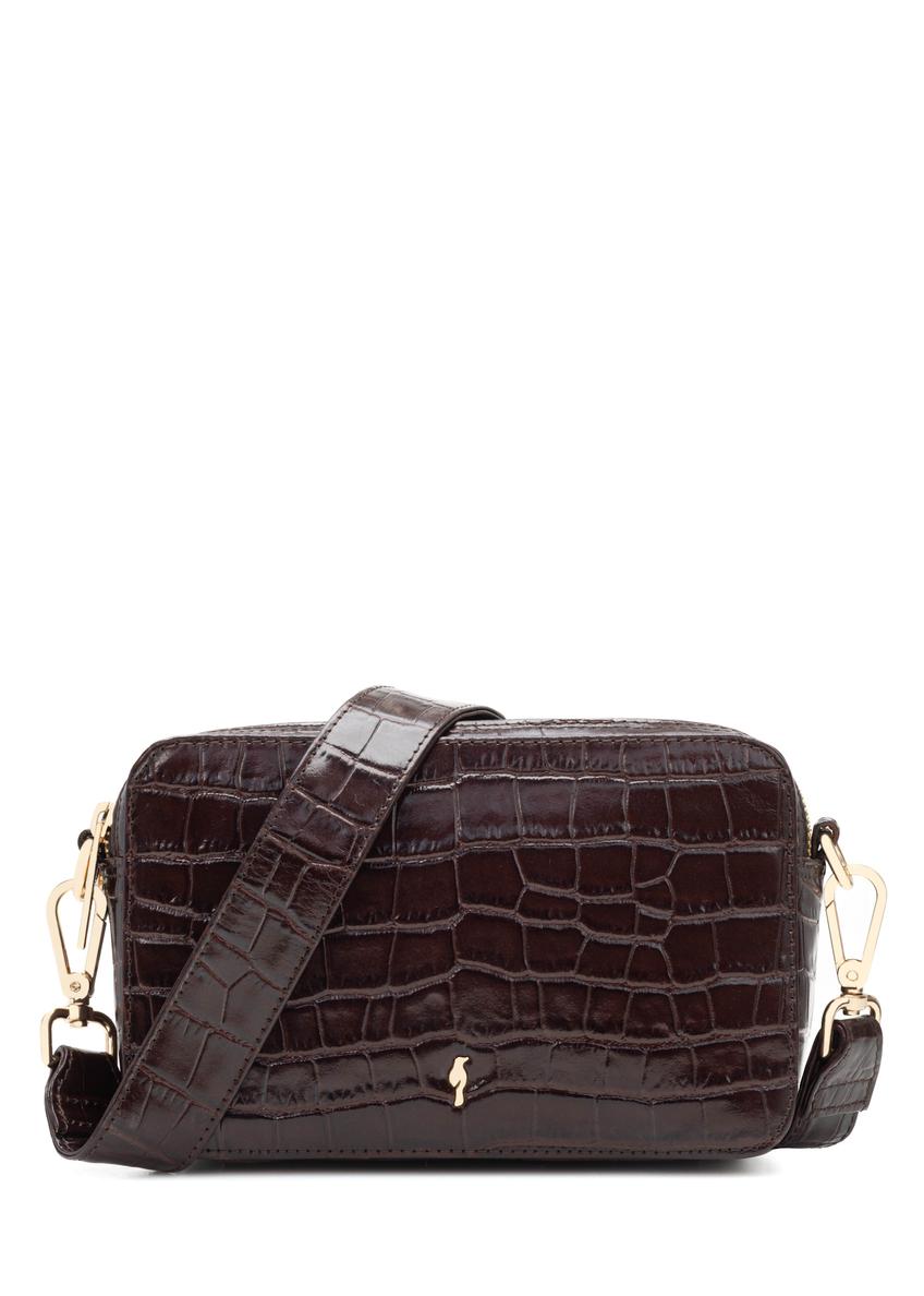 Small brown croco leather handbag TORES-1231-1H(W26), front product view on white background.