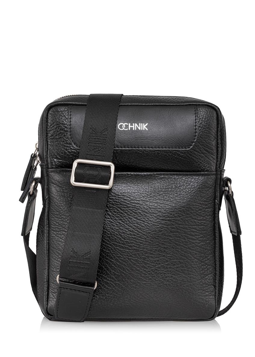 Black leather men's bag with logo TORMS-0297A-99(Z25) - front product view on white background.