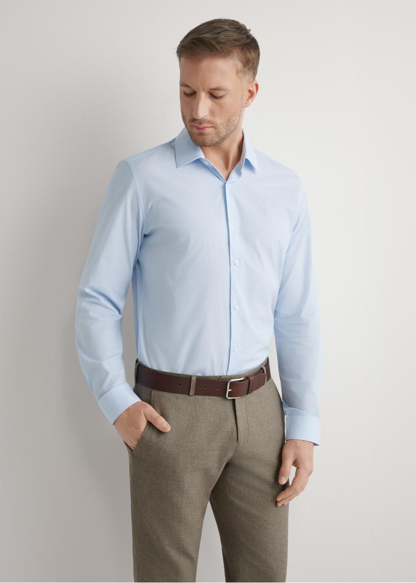 Light blue men's striped shirt KOSMT-0357-7A(W26), front view of the product on the model. Half of the silhouette visible.