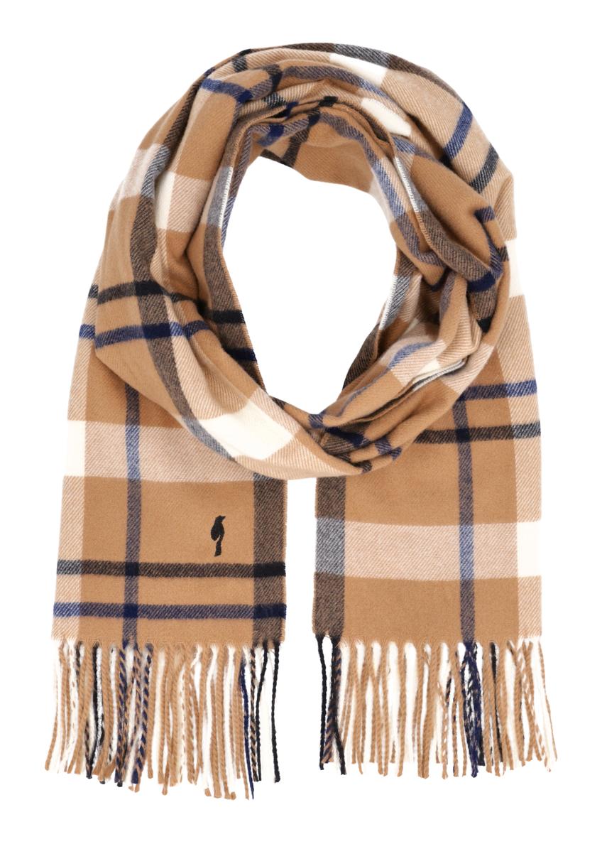 Beige women's checkered scarf SZADT-0236-1L(Z26), front product view on white background.