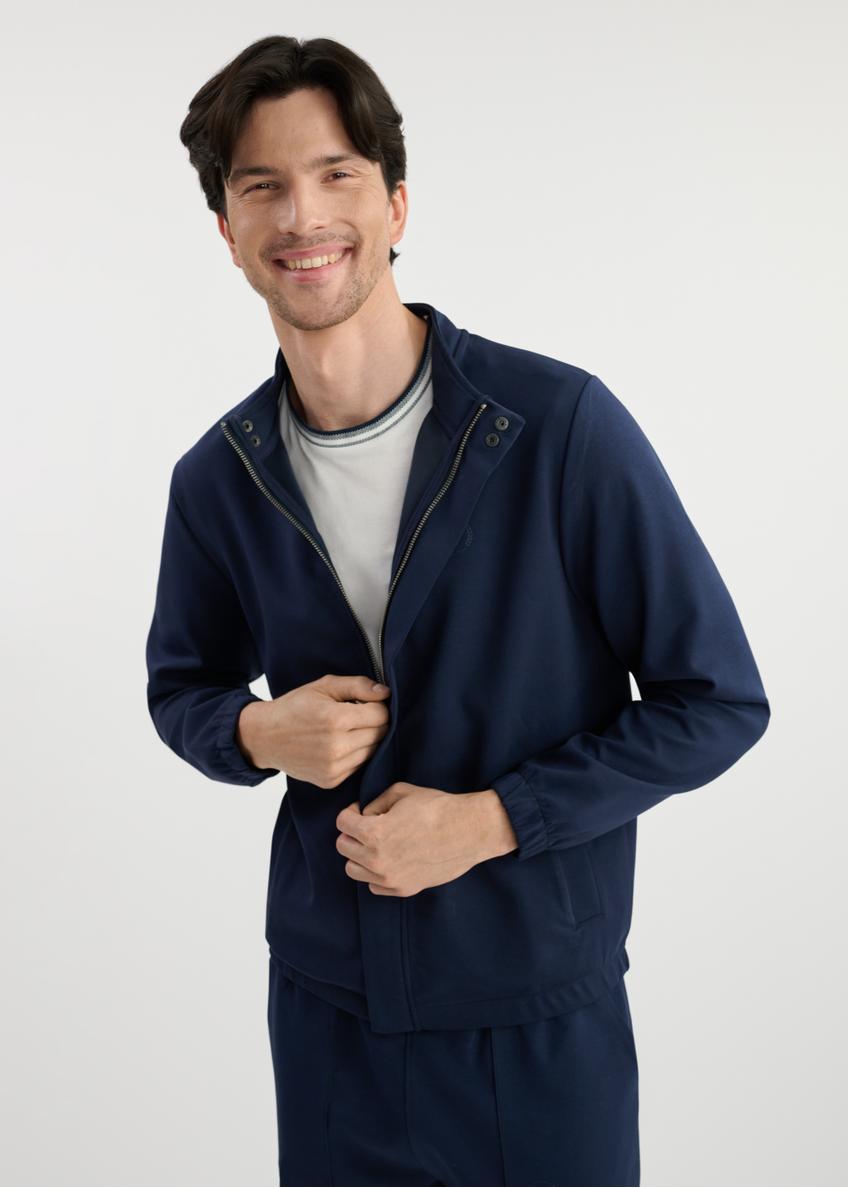 Navy blue men's zip-up sweatshirt BLZMT-0072-69(W25) - front view on a model on a white background. Half of the silhouette visible.