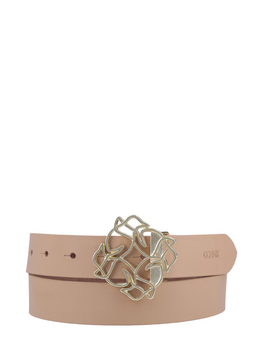 Beige leather women's belt with decorative buckle PASDS-0305-1A(Z26), front product view on white background.