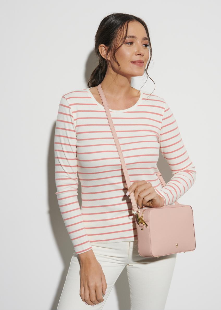 Women's cream blouse with pink stripes LSLDT-0025-34(W23)-01