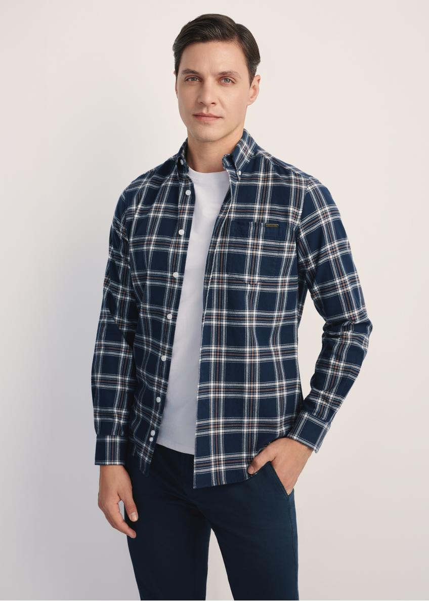 Navy blue men's checked shirt KOSMT-0344-68(Z25), front view of the product on the model, half of the silhouette visible.
