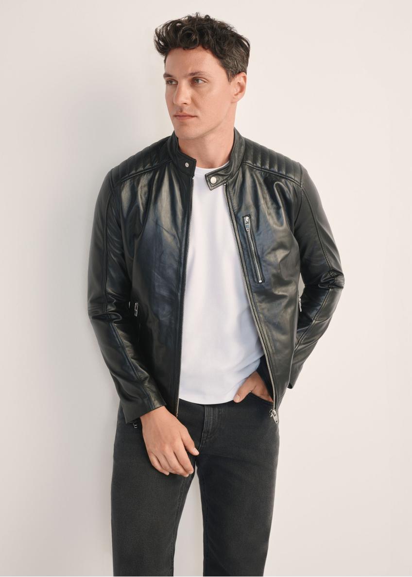 Men's leather jacket with stand-up collar KURMS-0191A-5491(KS), front view of the product on the model, half of the silhouette visible.