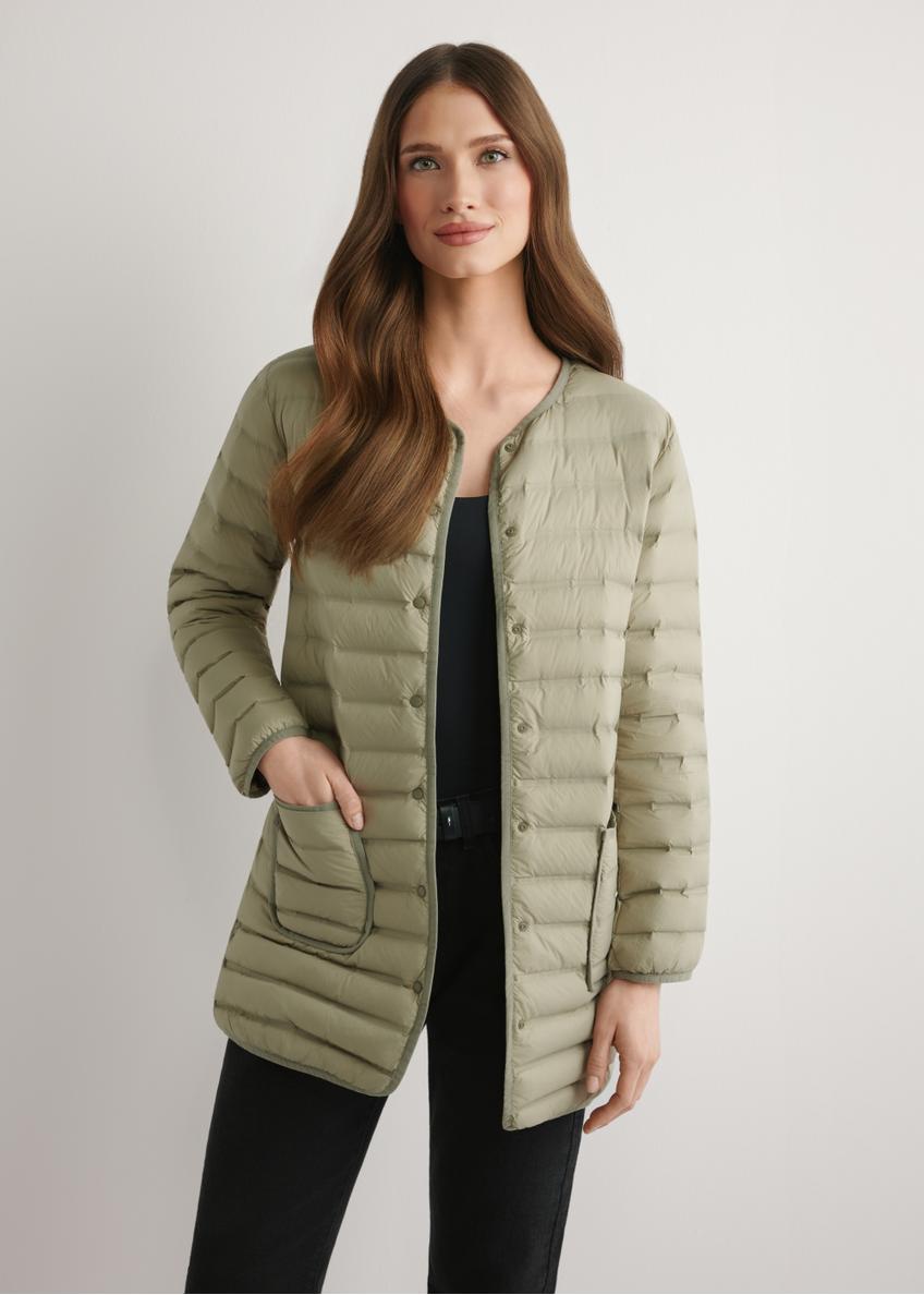 Women's olive green jacket with natural insulation KURDT-0636-8E(W26) - front view of the product, on a model, against a light background. Half-length silhouette visible.