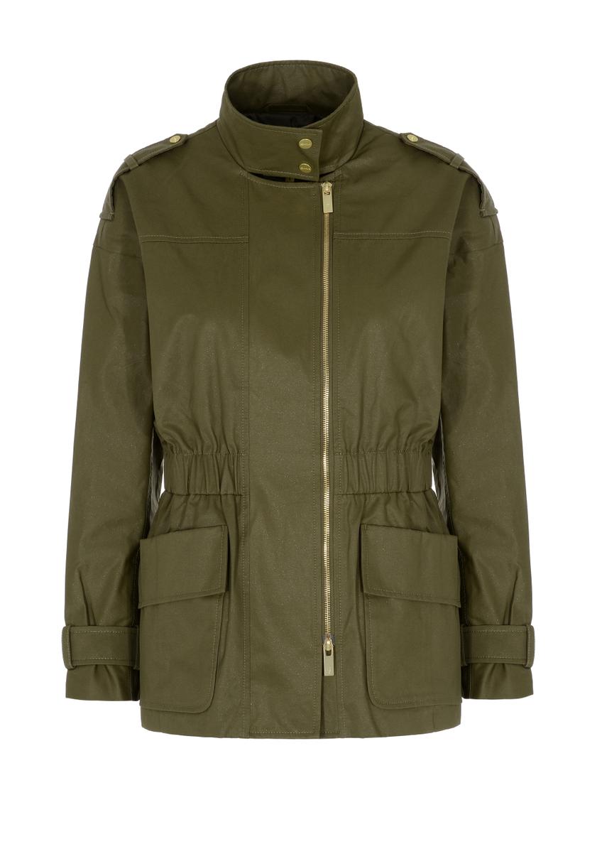 Olive colored women's jacket with a ribbed hem KURDT-0354-57(W22)-06