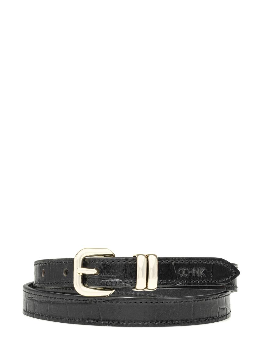 Black croco women's leather belt PASDS-0321-9G(W26) - front product view, on white background.