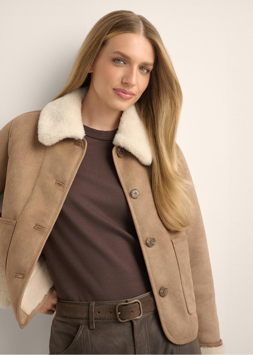 Camel short women's sheepskin coat KOZDP-0016-1D(Z26)