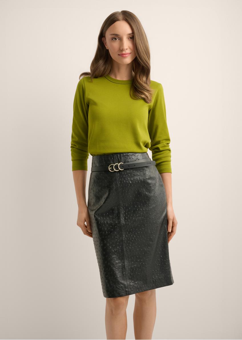 Women's olive cotton longsleeve LSLDT-0052-8E(Z26), front view of the product on the model. Half of the silhouette visible.