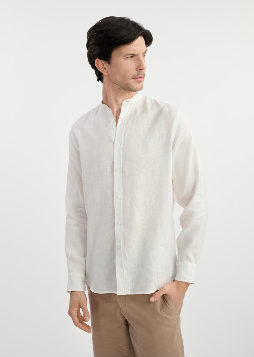 White linen men's shirt KOSMT-0337-12(W25) - front view on a model on a white background. Half of the silhouette visible.