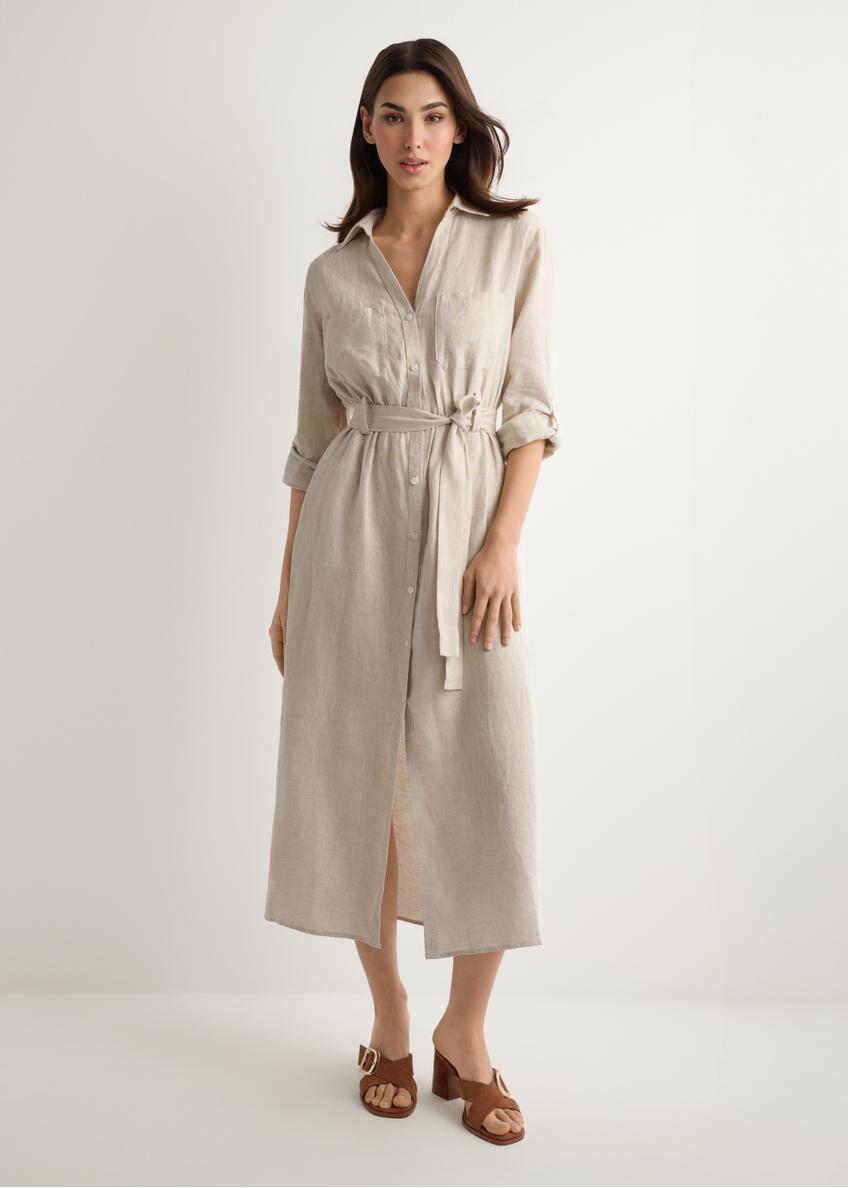 Beige linen midi dress SUKDT-0282-1A(W26), front view of the product on the model. Full silhouette visible.