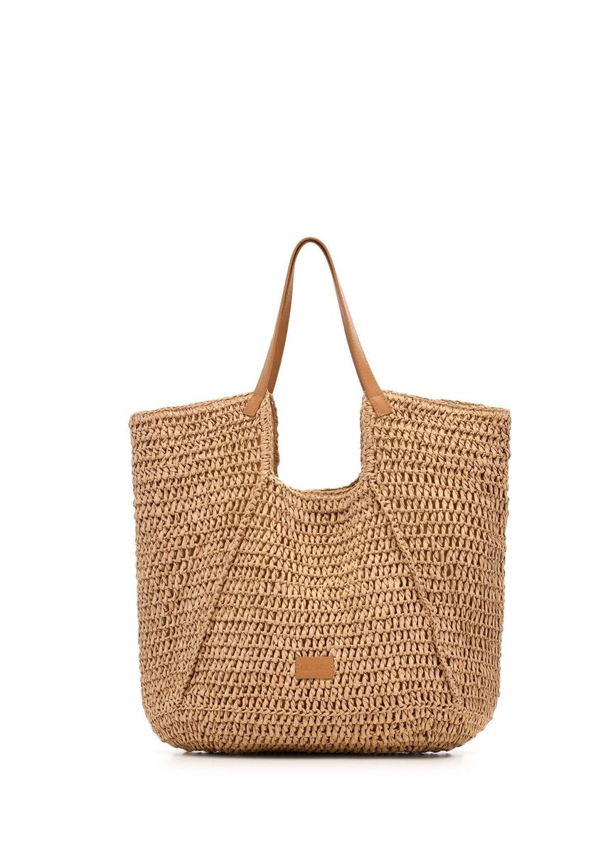 Beige straw shopper bag TOREC-1223-1E(W26) - front product view, on white background.