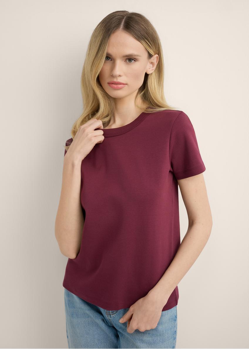 Women's Burgundy Cotton T-shirt TSHDT-0144-4D(Z26), front view of the product on the model. Half of the silhouette visible.