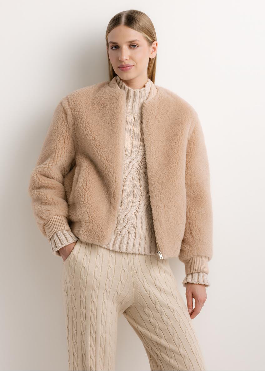 Beige short women's wool fur coat FUTDW-0045-1B(Z26), front view of the product on the model. Half of the silhouette visible.