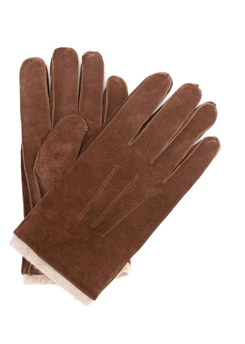 Brown men's suede gloves REKMS-0080-1H(Z26) - front product view on white background.