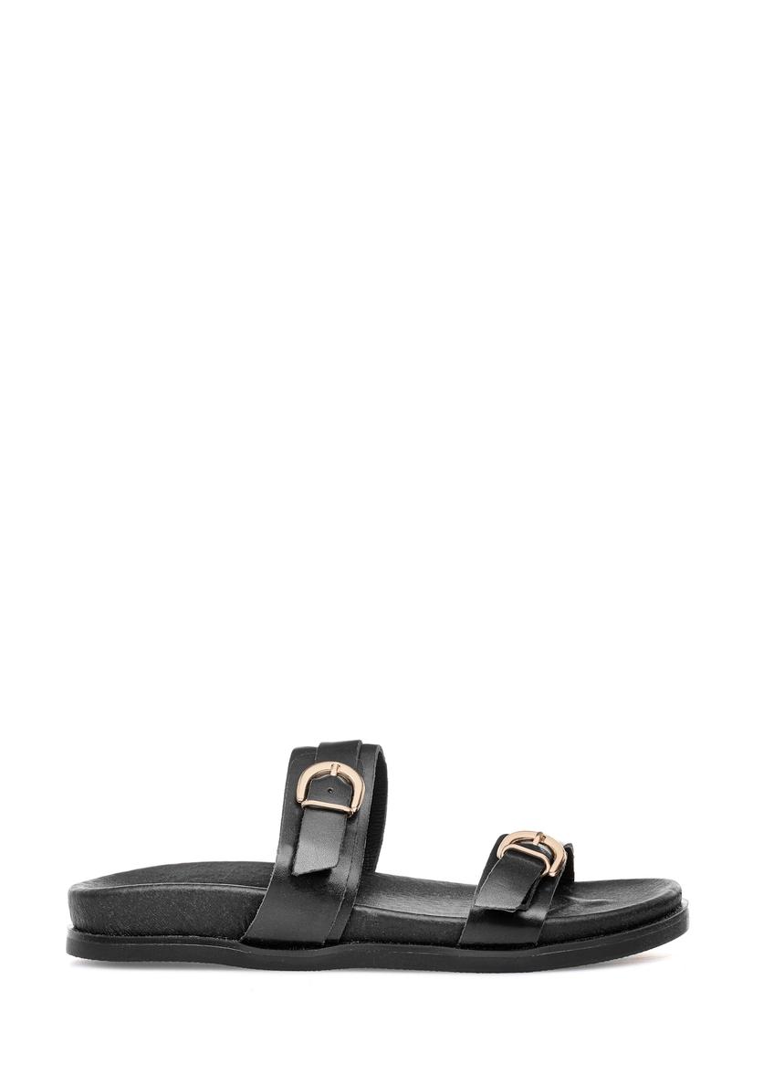 Black women's leather flip-flops BUTYD-1160-99(W25), side view of the product on a white background.