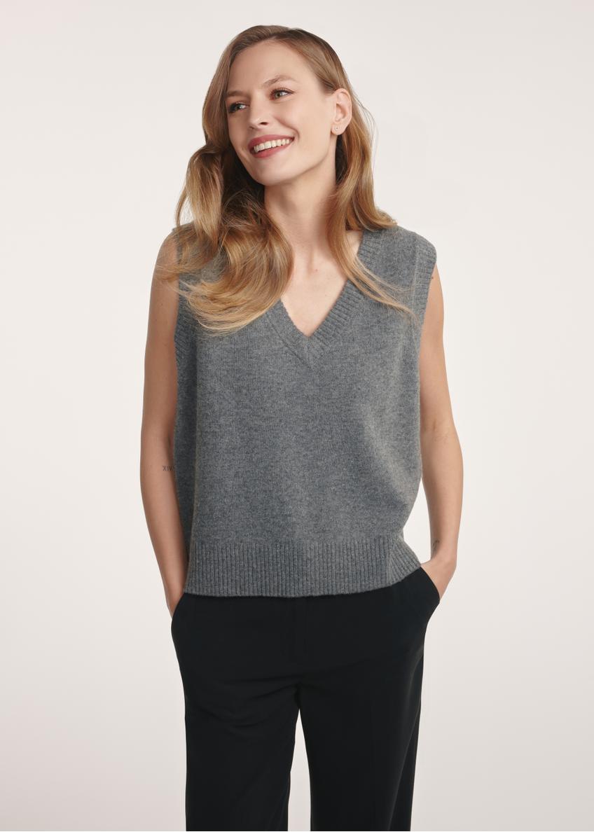 Women's woolen vest in gray color SWEDT-0253-91(Z25), product visible from the front on the model, half of the silhouette visible.