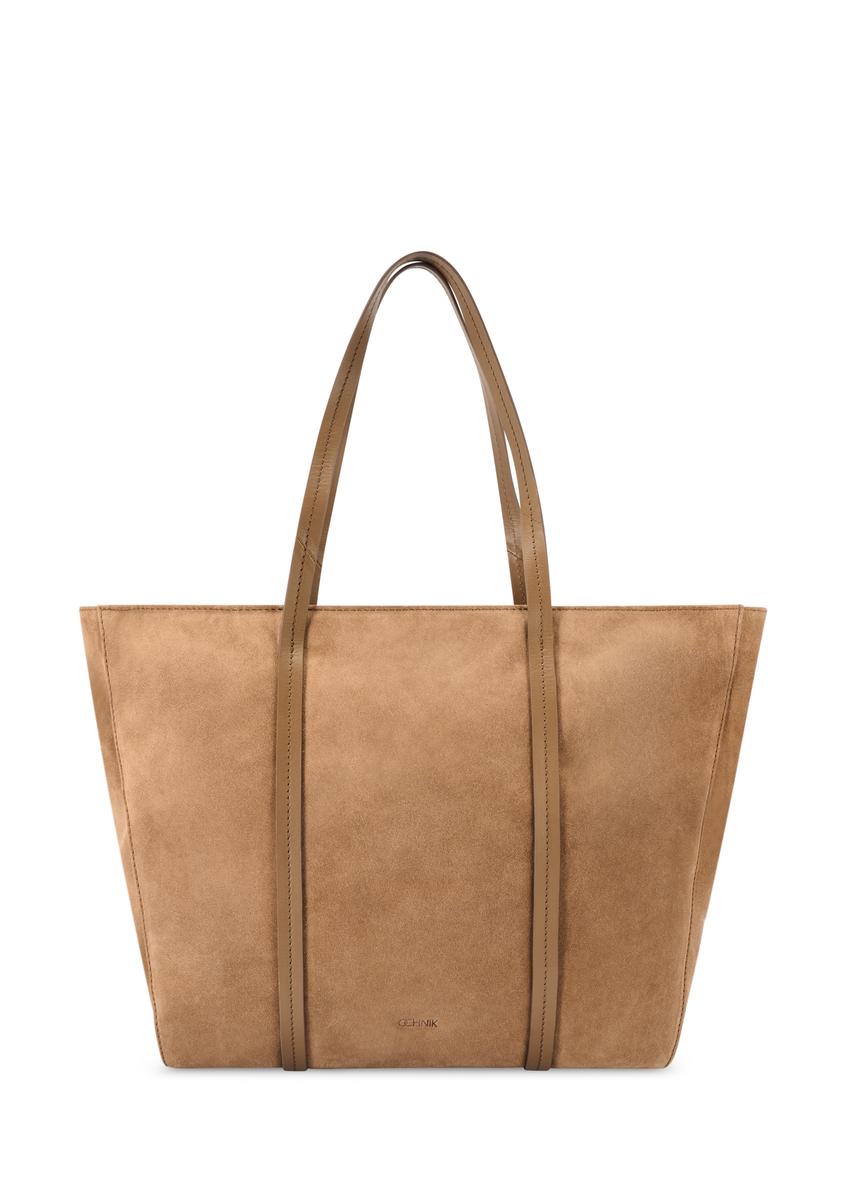 Beige suede women's shopper bag TORES-1248-1B(W26) - front product view, on white background.