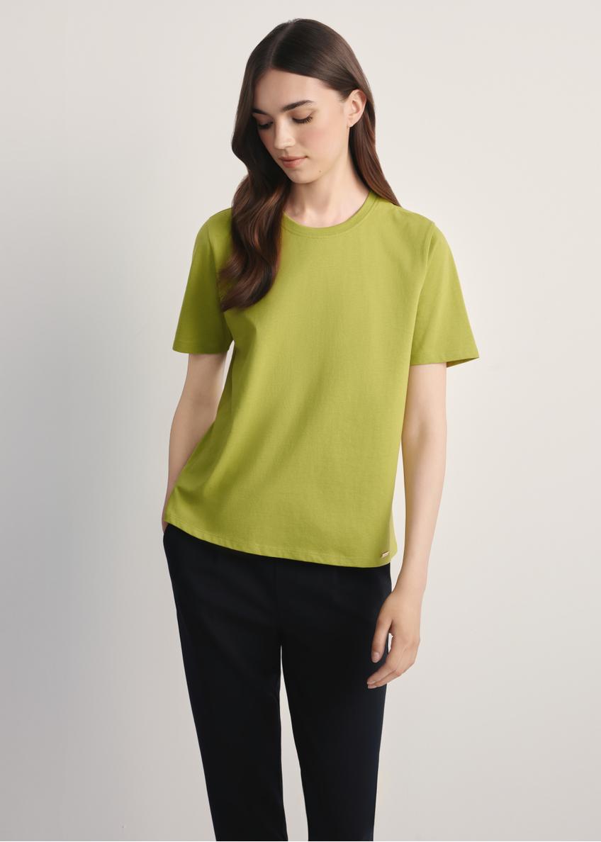 Women's lime green T-shirt TSHDT-0143-84(Z25), front view of the product on the model. Half of the silhouette visible.