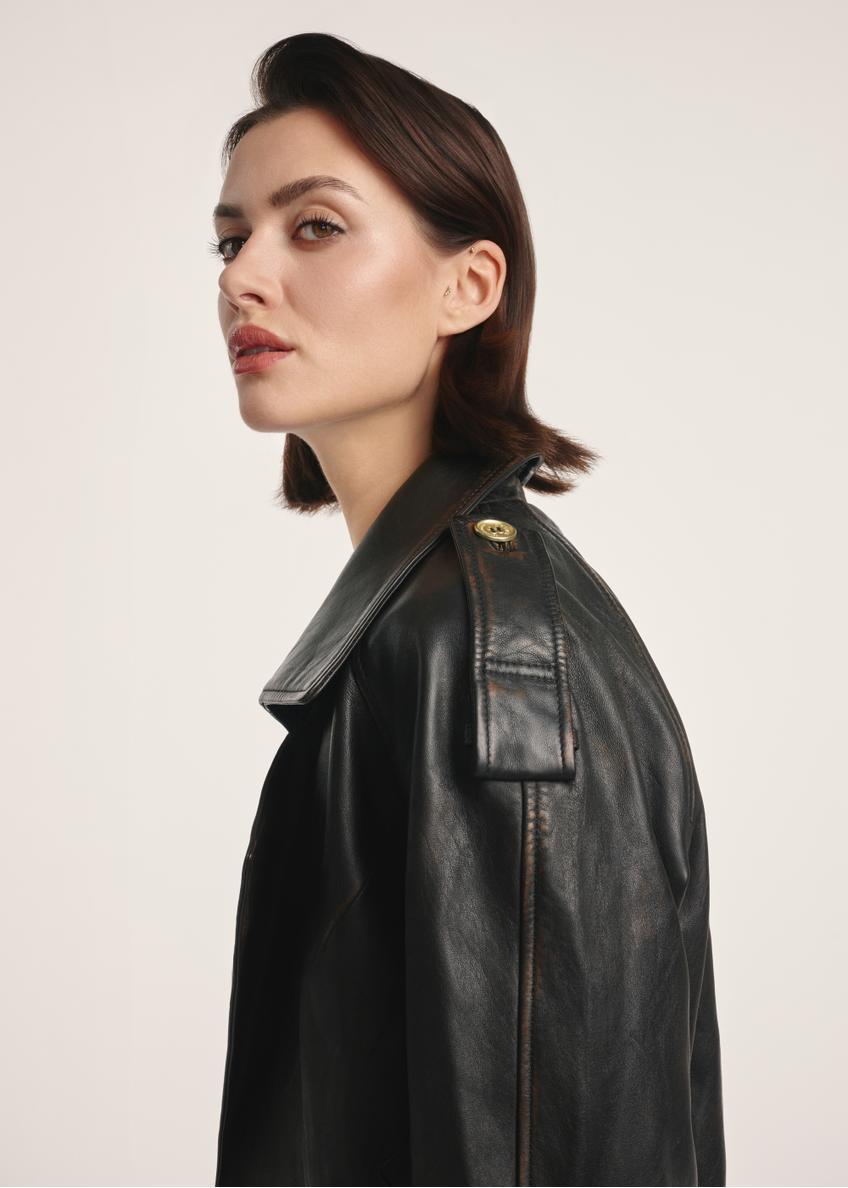 Brown oversized women's leather jacket KURDS-0553-2737(Z25)