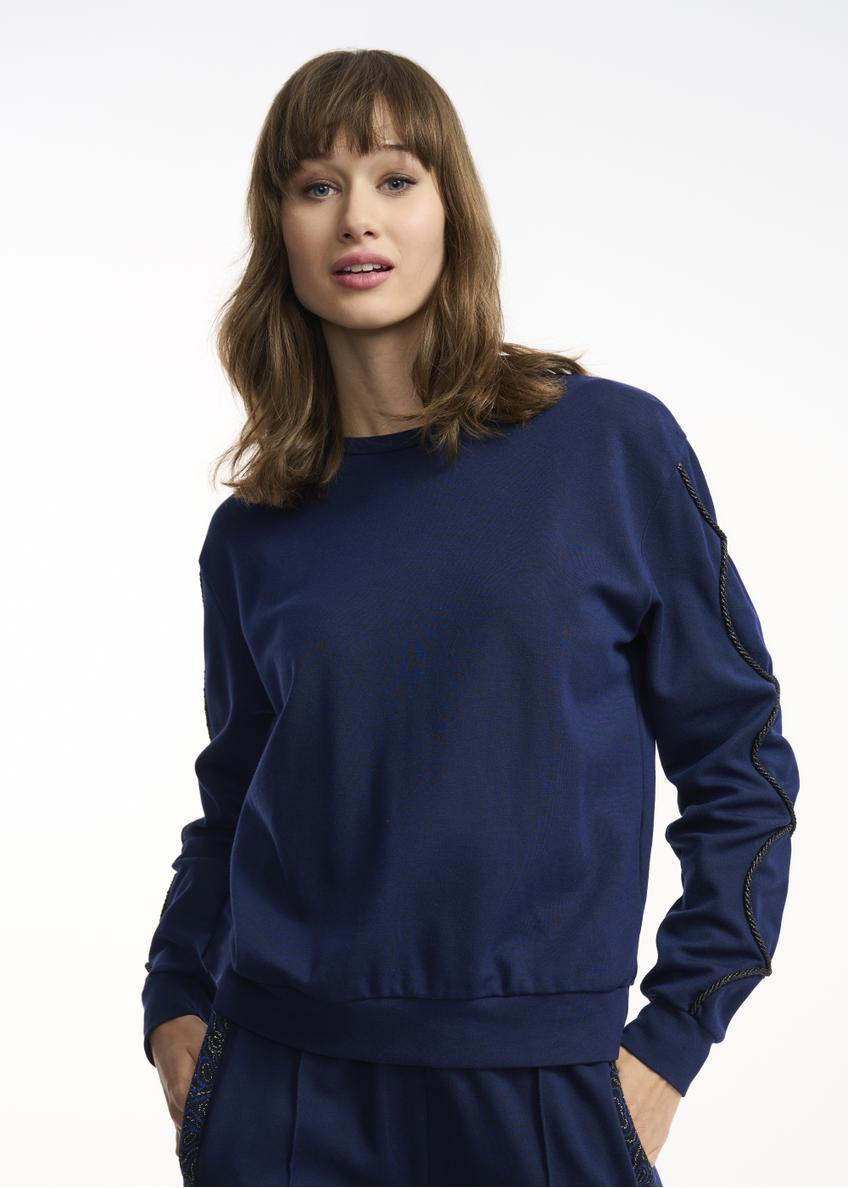 Navy blue women's sweatshirt with applique BLZDT-0077-69(Z22)-01