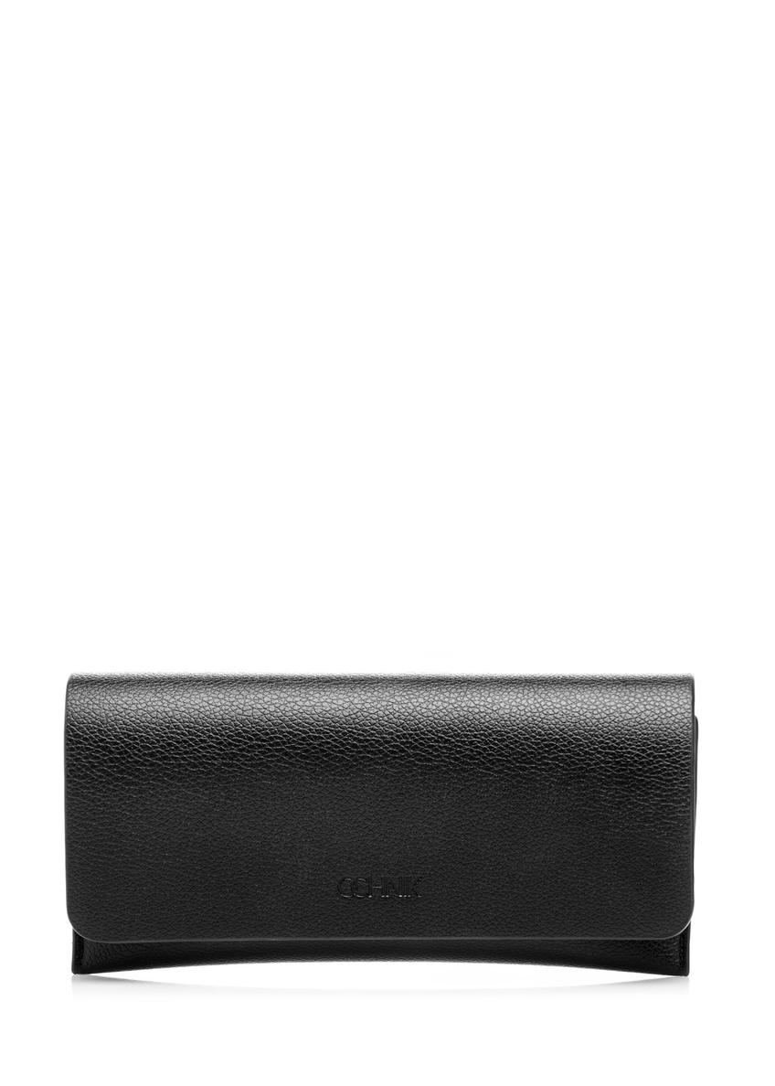 Black imitation leather glasses case POREC-0434-99(W26), front product view on white background.
