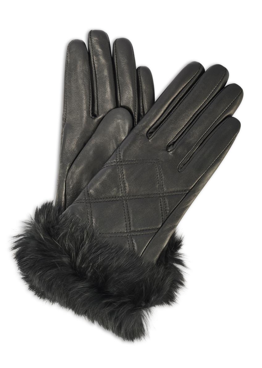Women's leather gloves with rabbit fur REKDS-0071A-99(Z25), product view from the front and back on a white background.